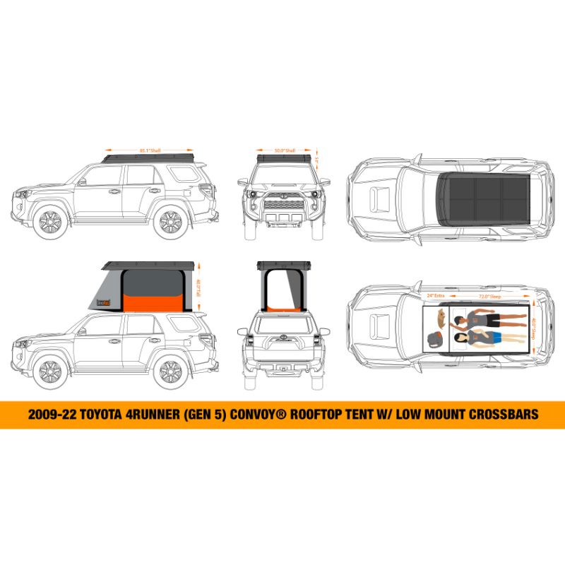 Badass Tents "CONVOY" Toyota 4Runner 09-23' (5th Gen) Rooftop Tent - PRE-ASSEMBLED. Six diagrams showing sizing of tent at different angles