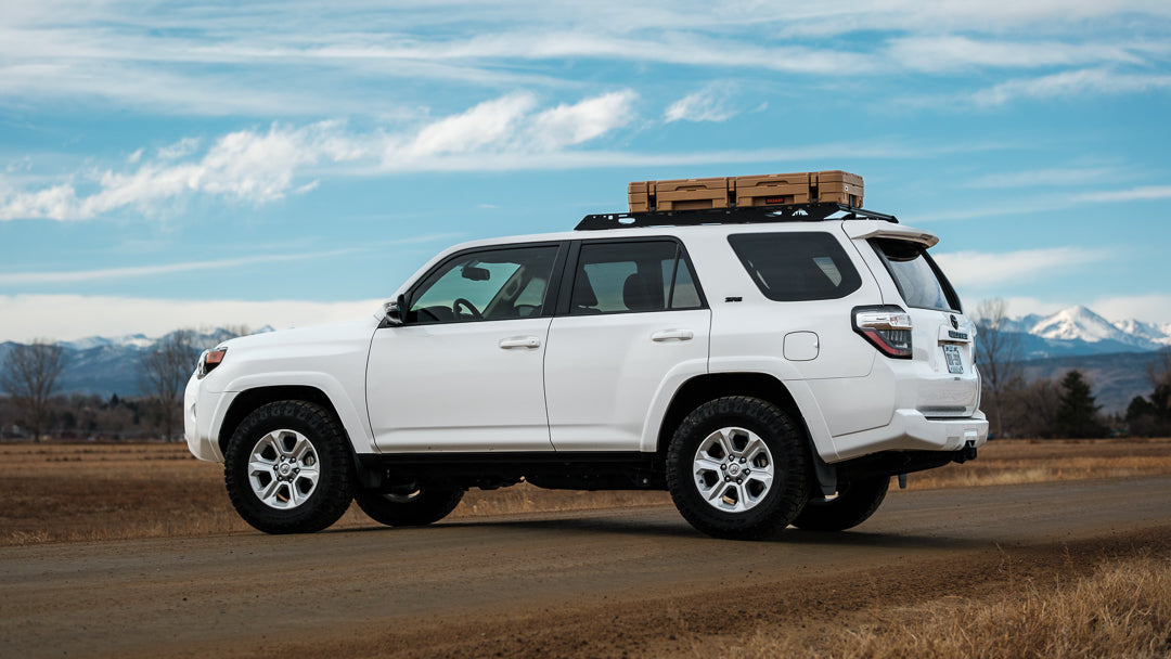 The Needle (2010-2023 4Runner Half Roof Rack) Back angled view of rack on vehicle outside