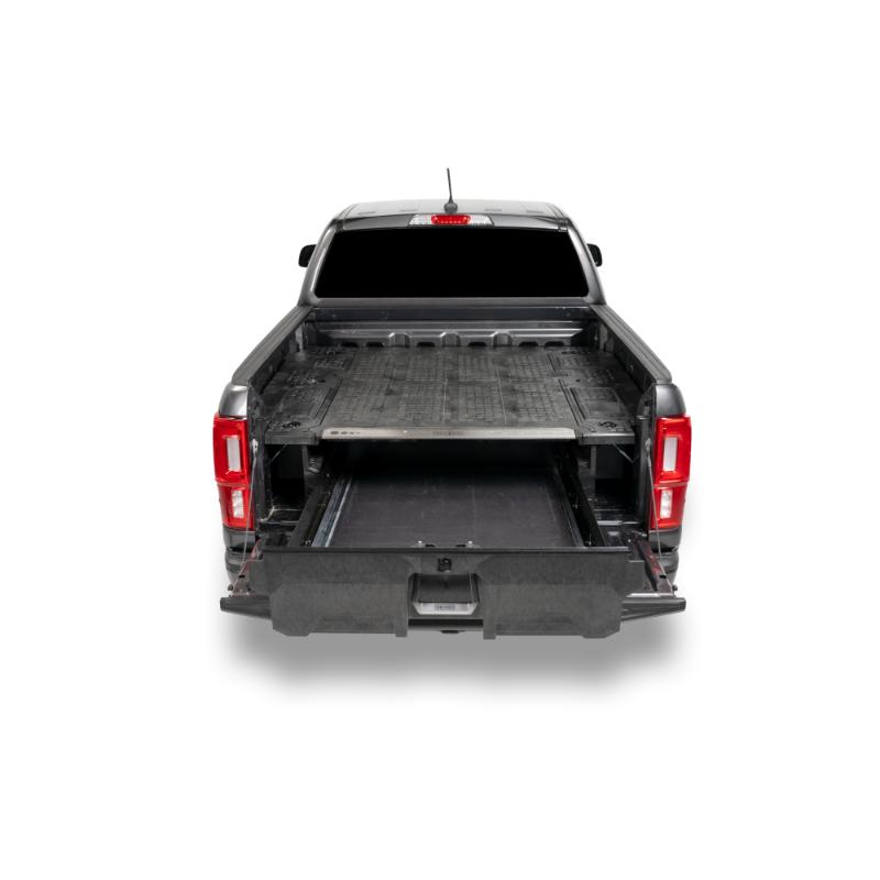 DECKED Truck Bed Drawer System for Nissan Trucks open drawer empty installed in truck on white background rear view