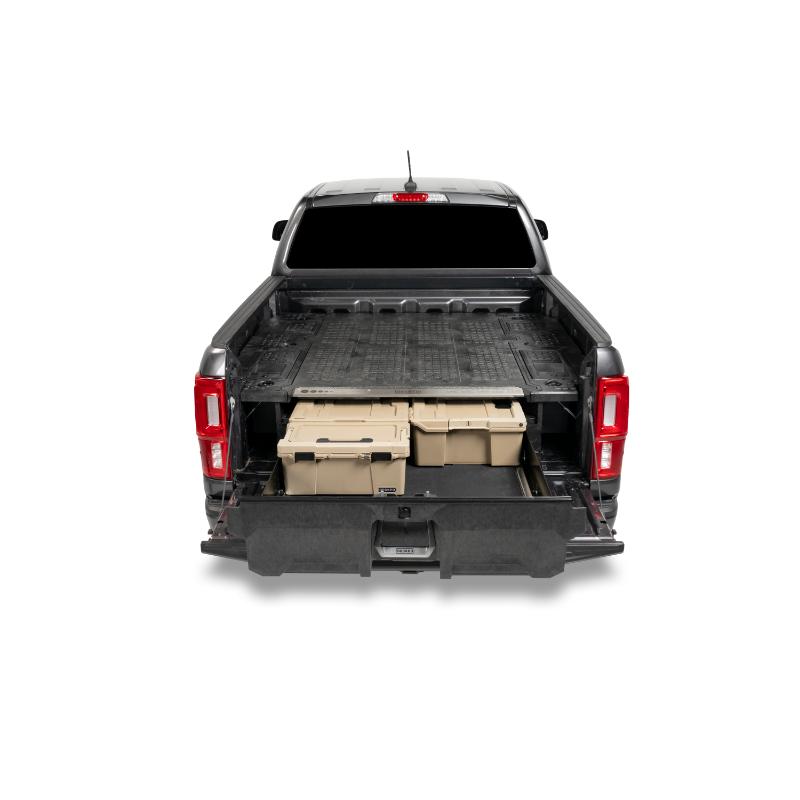 DECKED Truck Bed Drawer System for Jeep Gladiator open drawer with bins installed on truck on white background rear view