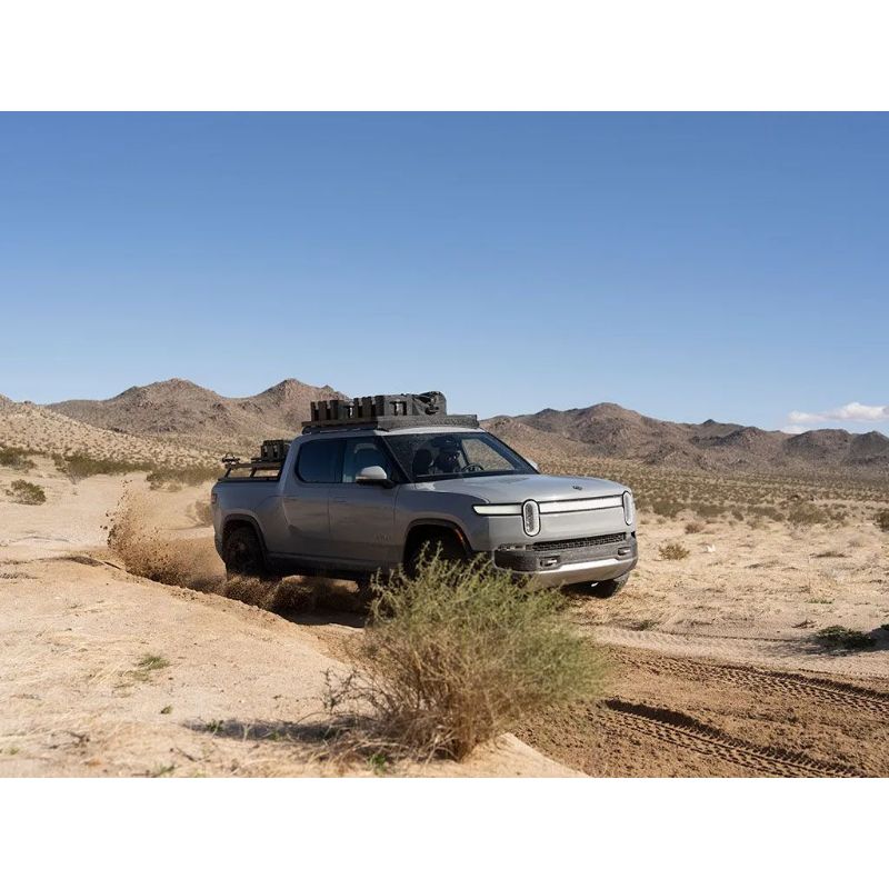 Front Runner Slimline II Rivian R1T Bed Rack on vehicle in desert