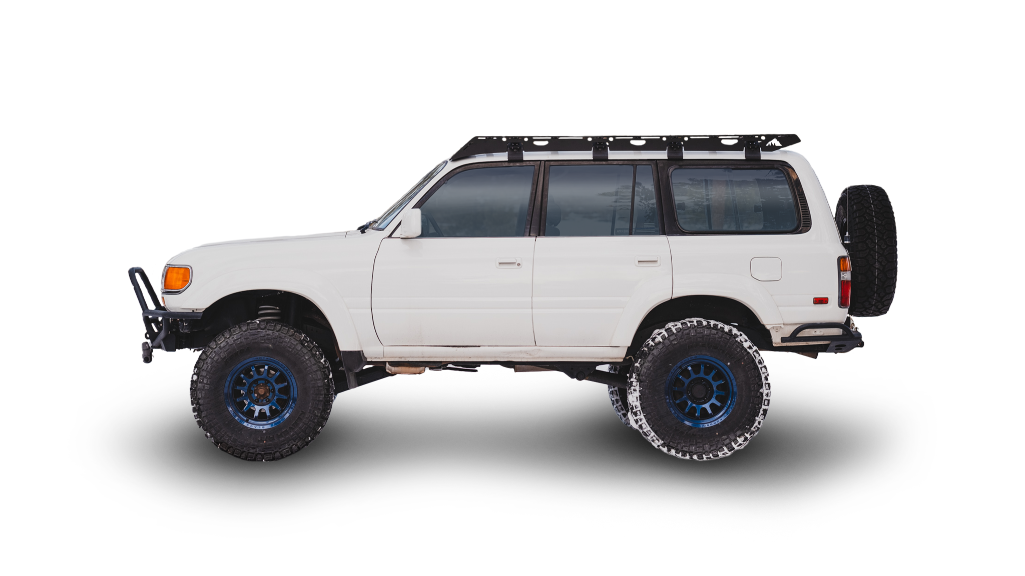 80 Series Landcruiser Roof Rack Side view of rack on vehicle on white background