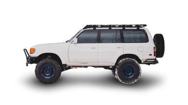 80 Series Landcruiser Roof Rack Side view of rack on vehicle on white background