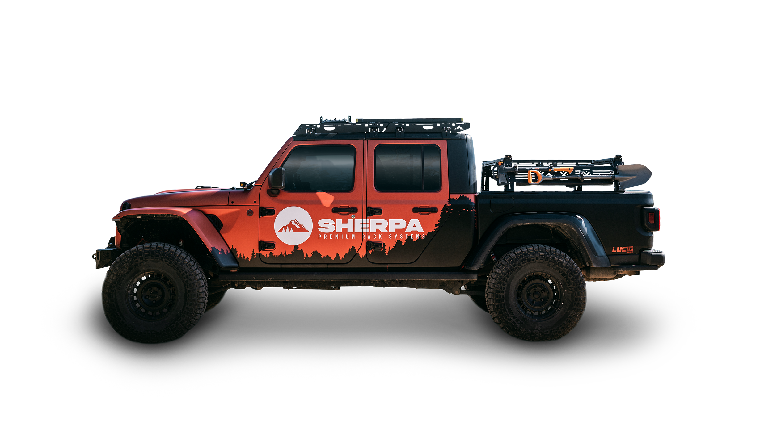 Sherpa Equipment Company Mid Height PAK System Bed Rack on jeep gladiator translucent background