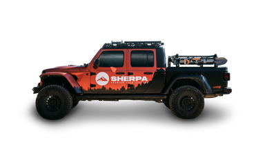 Sherpa Equipment Company Mid Height PAK System Bed Rack on jeep gladiator translucent background