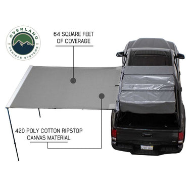 Overland Vehicle Systems Nomadic Awning 2.0 - 6.5' With Black Cover open on white background with dimensions