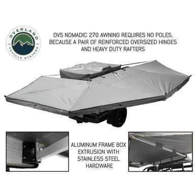 Overland Vehicle Systems Nomadic Awning 270 Passenger Side - Dark Gray With Black Cover side view assembled showing no poles required