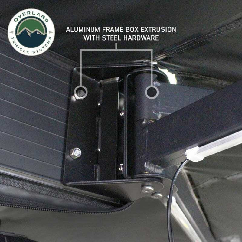 Overland Vehicle Systems XD Nomadic 270 Degree Awning & Wall Kit Combo with Lights, Black Out, Black Body , Trim, And Travel Cover close up of hardware 