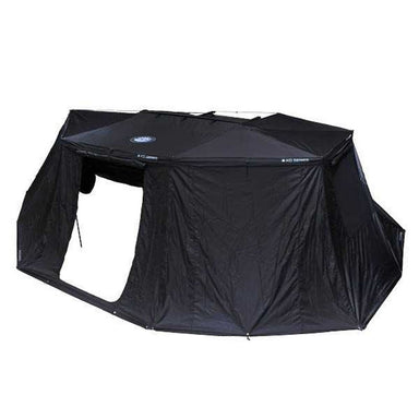 Overland Vehicle Systems XD Nomadic 270 Degree Awning & Wall Kit Combo with Lights, Black Out, Black Body , Trim, And Travel Cover assembled on white background