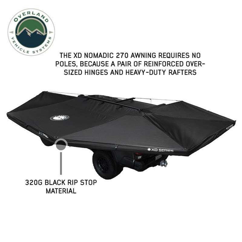 Overland Vehicle Systems XD Nomadic 270 Degree Awning & Wall Kit Combo with Lights, Black Out, Black Body , Trim, And Travel Cover showing it requires no poles on white background