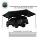 Overland Vehicle Systems XD Nomadic 270 Degree Awning & Wall Kit Combo with Lights, Black Out, Black Body , Trim, And Travel Cover assembled showing poles and dimensions on white background