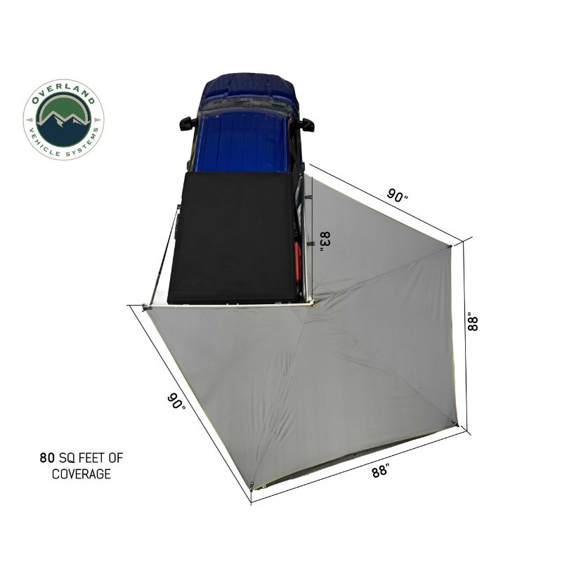 Overland Vehicle Systems Nomadic 270 LT Awning - Passenger Side - Dark Gray With Black Cover top view assembled showing dimensions