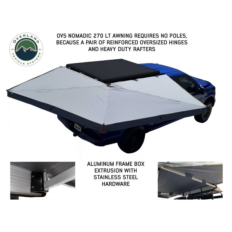 Overland Vehicle Systems Nomadic 270 LT Awning - Passenger Side - Dark Gray With Black Cover side view assembled no poles required