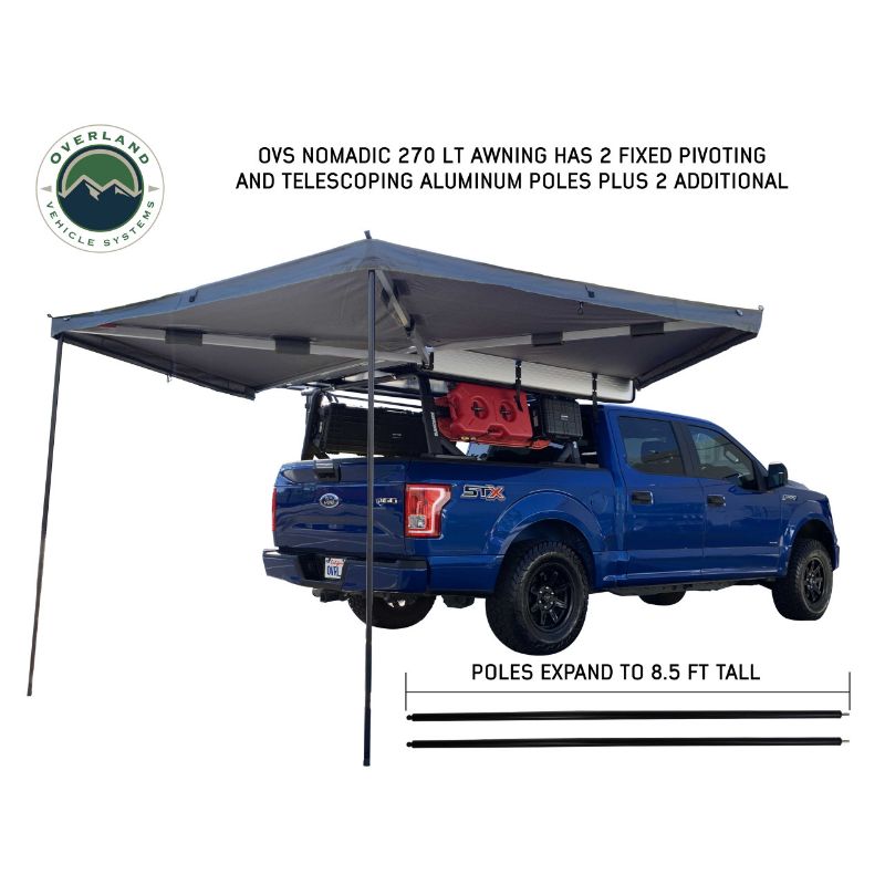 Overland Vehicle Systems Nomadic 270 LT Awning - Passenger Side - Dark Gray With Black Cover side view assembled