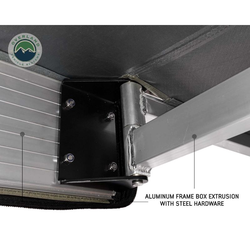 Overland Vehicle Systems Nomadic 270 LT Awning - Passenger Side - Dark Gray With Black Cover close up of hardware on white background