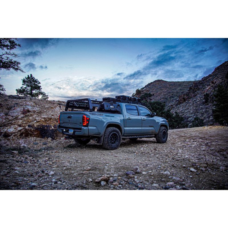 Toyota Tacoma 4CX Series Shiprock Height Adjustable Bed Rack Truck Bed Cargo Rack System TUWA PRO®️ rear view installed out