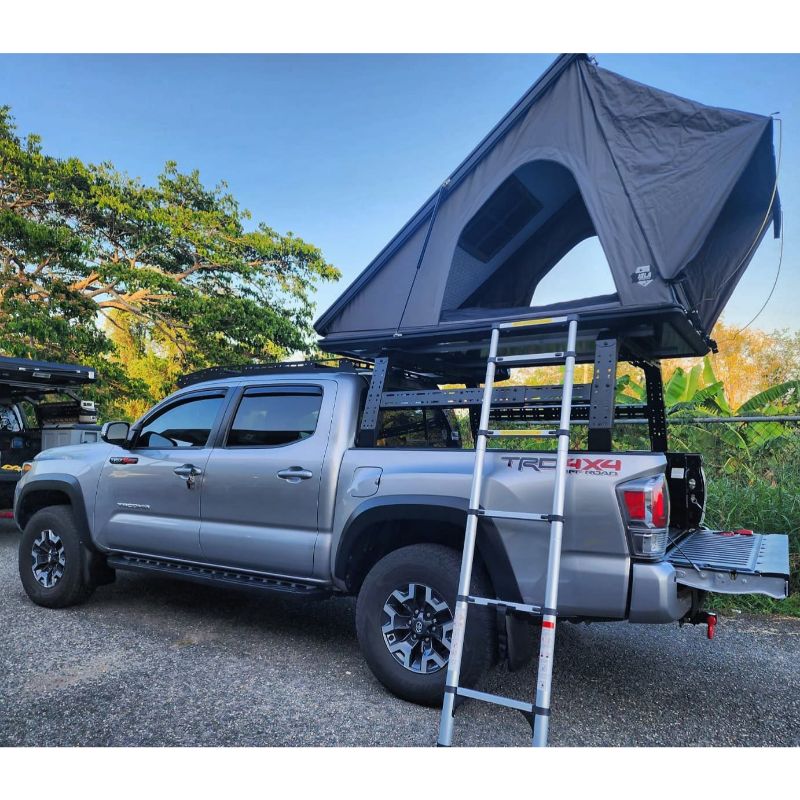 Toyota Tacoma 4CX Series Shiprock Height Adjustable Bed Rack Truck Bed Cargo Rack System TUWA PRO®️ side view installed with open tent at campsite