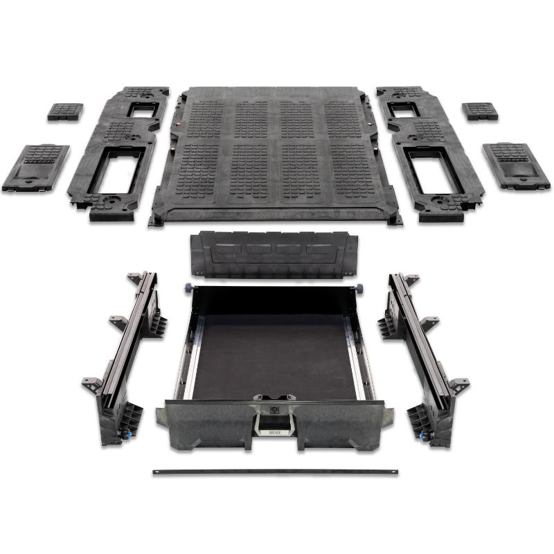 DECKED Truck Bed Drawer System for Jeep Gladiator disassembled parts of system  on white background 