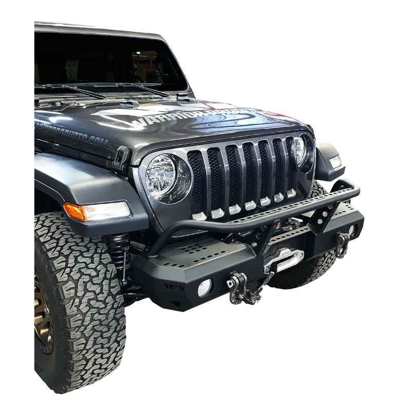 Warrior Products Jeep JL / JLU / JT MOD Series Mid-Width Bumper with brush guard on vehicle front corner view