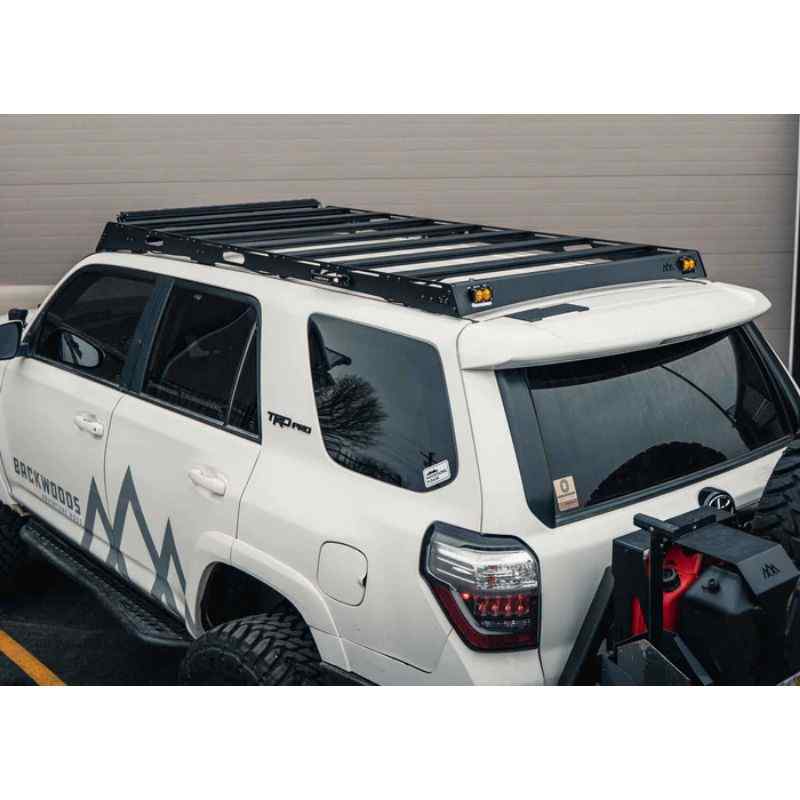 Backwoods Adventure Mods DRIFTR Roof Rack for Toyota 4Runner (5th Gen) Eye level angled back view of roof rack on vehicle