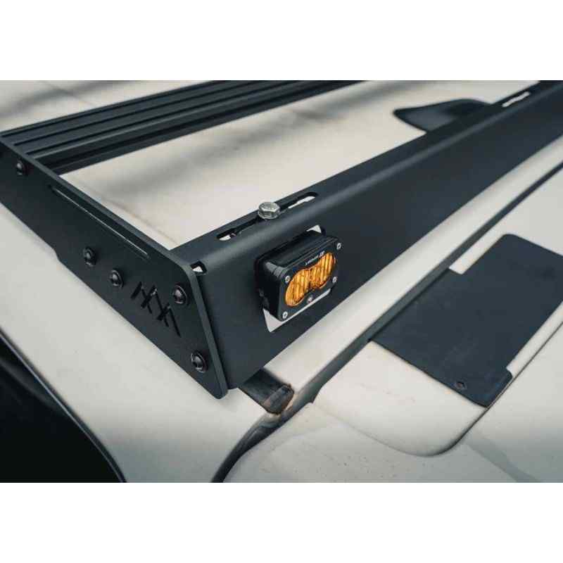 Backwoods Adventure Mods DRIFTR Roof Rack for Toyota 4Runner (5th Gen) Close up of corner of roof rack showing light