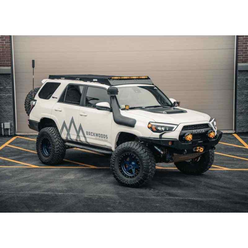 Backwoods Adventure Mods DRIFTR Roof Rack for Toyota 4Runner (5th Gen) Eye level angled front view of roof rack on vehicle