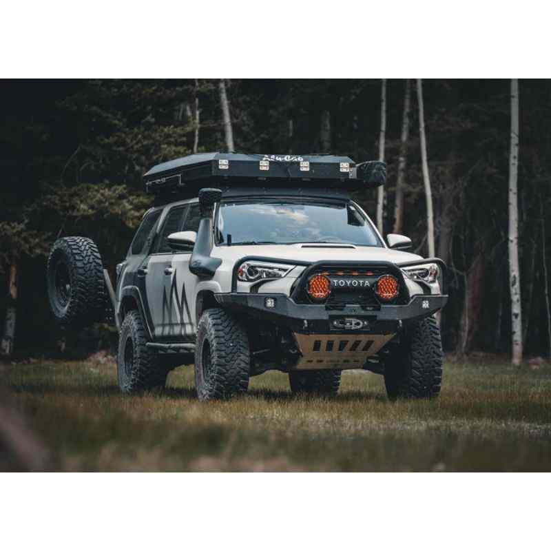 Backwoods Adventure Mods Hi-Lite Overland Front Bumper [Bull Bar] for Toyota 4Runner (5th Gen) Corner view of bumper attached to vehicle in field