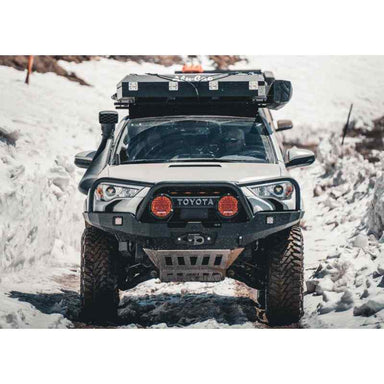 Backwoods Adventure Mods Hi-Lite Overland Front Bumper [Bull Bar] for Toyota 4Runner (5th Gen Front view of attached bumper on vehicle in snow