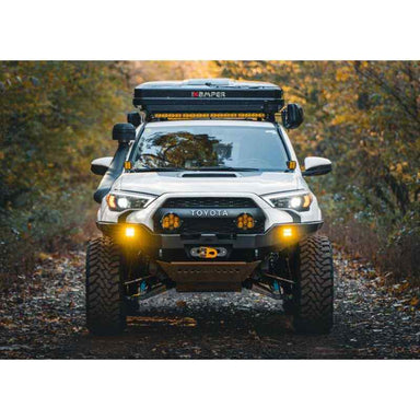 Backwoods Adventure Mods Hi-Lite Overland Front Bumper [No Bull Bar] for Toyota 4Runner (5th Gen) Front view of Bumper on vehicle riding on trail