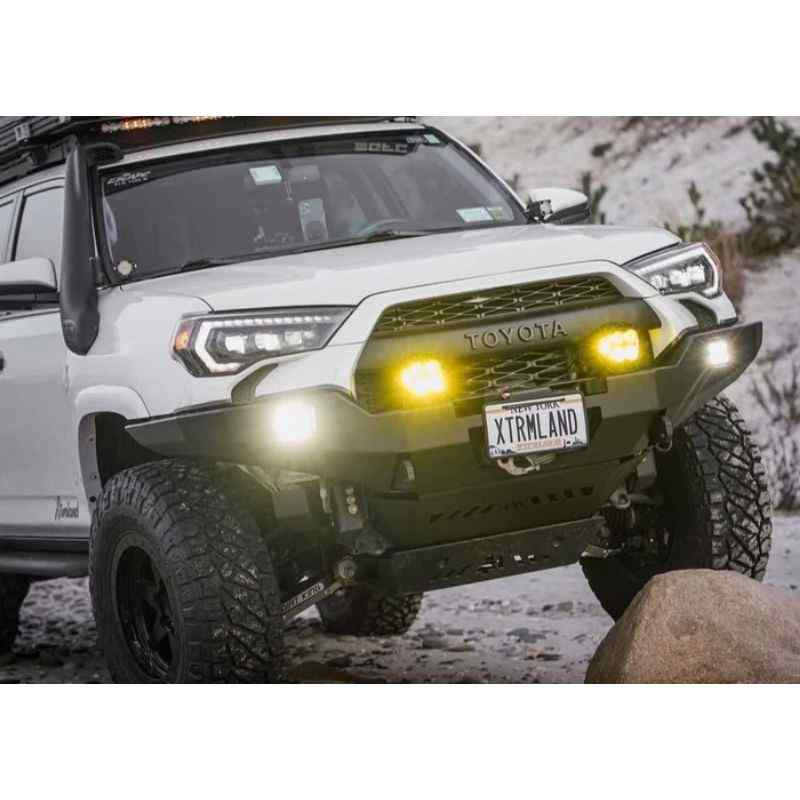 Backwoods Adventure Mods Hi-Lite Overland Front Bumper [No Bull Bar] for Toyota 4Runner (5th Gen) View of bumper with lights on moving vehicle