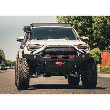 Backwoods Adventure Mods Hi-Lite Overland Front Bumper [PreRunner Bull Bar] for Toyota 4Runner (5th Gen) Front view of bumper attached to vehicle on road