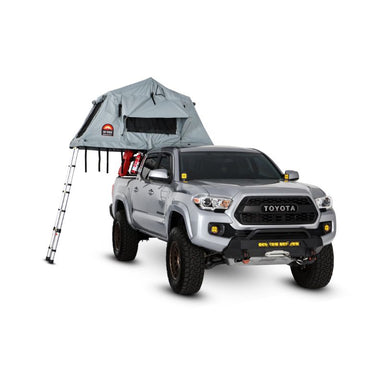 Body Armor 4X4 Sky Ridge Pike Soft Shell Rooftop Tent (2 Person). Open tent with ladder on truck on white background