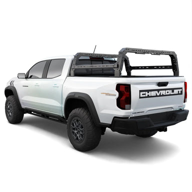 Chevy Colorado 4CX Series Shiprock Height Adjustable Bed Rack Truck Bed Cargo Rack System TUWA PRO®️ rear view installed on white background