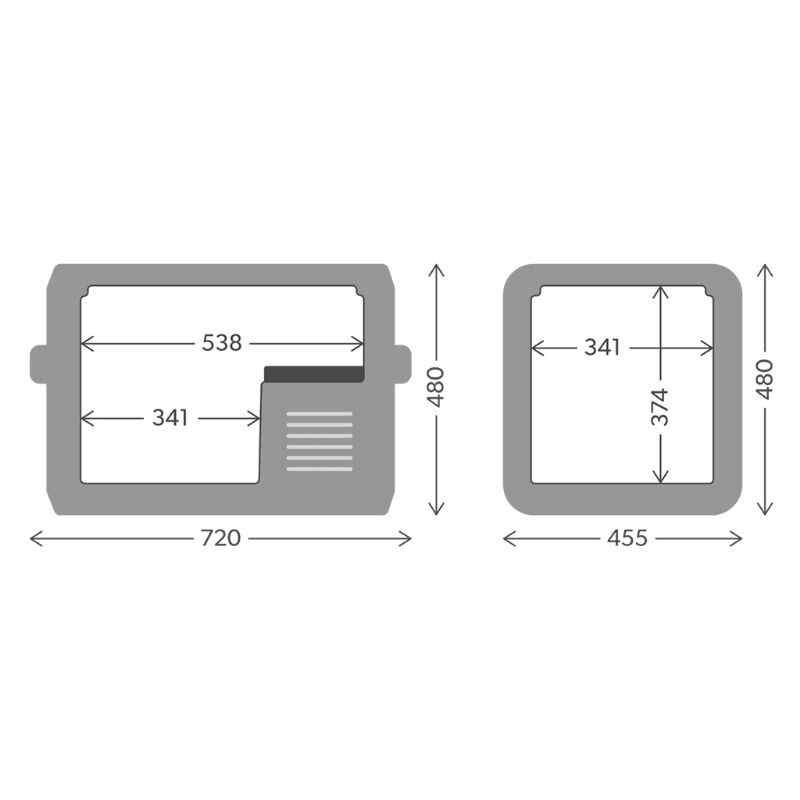 Dometic CFX3 55IM Cooler/Freezer w/Rapid Freeze Plate Interior and exterior dimensions