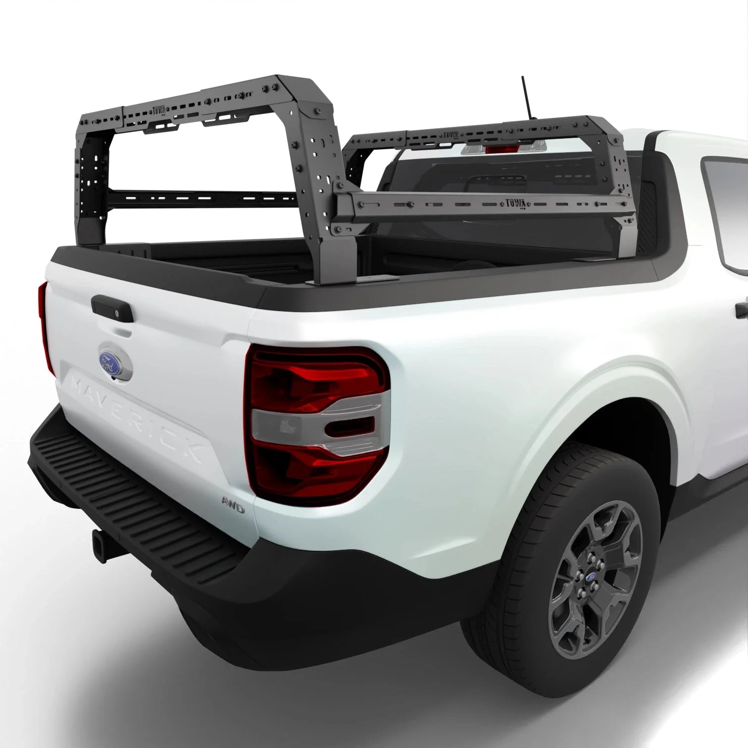 Ford Maverick 4CX Series Shiprock Height Adjustable Bed Rack Truck Bed Cargo Rack System TUWA PRO®️ rear corner close up installed on white background