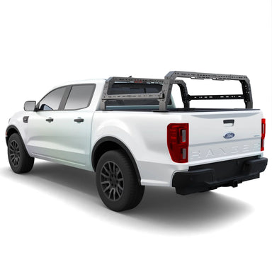 Ford Ranger 4CX Series Shiprock Height Adjustable Bed Rack Truck Bed Cargo Rack System TUWA PRO®️ rear corner installed on white background