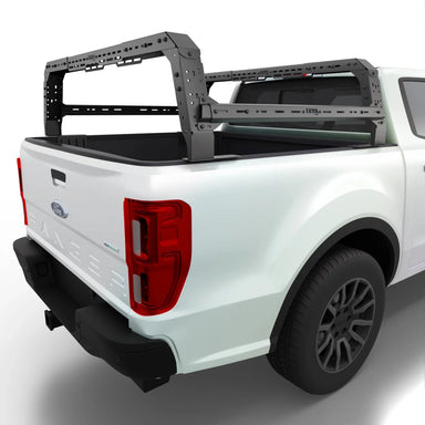 Ford Ranger 4CX Series Shiprock Height Adjustable Bed Rack Truck Bed Cargo Rack System TUWA PRO®️ rear corner close up installed on white background