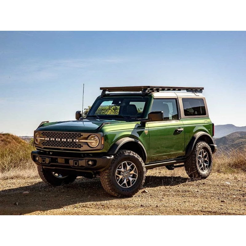 Front Runner Ford Bronco 2 Door (2022-Current) Slimline II Roof Rack Kit angled view on bronco outdoors