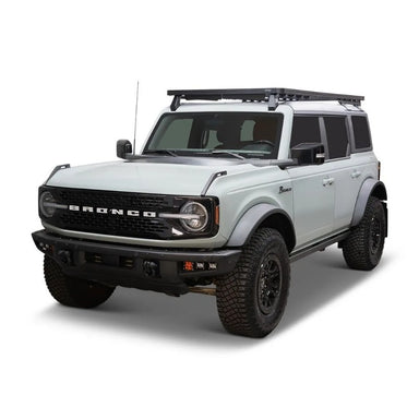 Front Runner Slimline II Roof Rack Kit for Ford Bronco 4 Door w/ Hard Top (2021-Current) front angled view on vehicle on white background