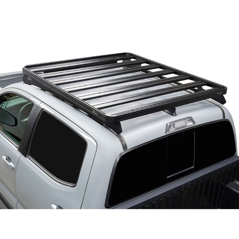 Front Runner Toyota Tacoma (2005-Current) Slimline II Roof Rack Kit. Top rear view of roof rack on vehicle on white background