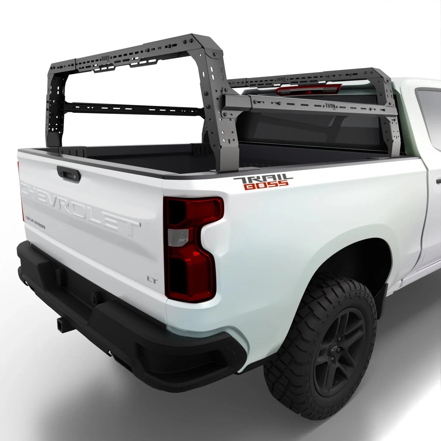 GMC Sierra 1500 / 2500HD 4CX Series Shiprock Height Adjustable Bed Rack Truck Bed Cargo Rack System TUWA PRO®️ rear corner view installed on white background