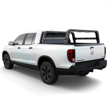 Honda Ridgeline 4CX Series Shiprock Height Adjustable Bed Rack Truck Bed Cargo Rack System TUWA PRO®️ rear view installed on white background