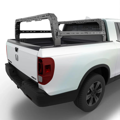 Honda Ridgeline 4CX Series Shiprock Height Adjustable Bed Rack Truck Bed Cargo Rack System TUWA PRO®️ rear corner view installed on white background