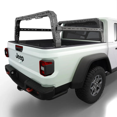 Jeep Gladiator 4CX Series Shiprock Height Adjustable Bed Rack Truck Bed Cargo Rack System TUWA PRO®️ rear corner view installed on white background