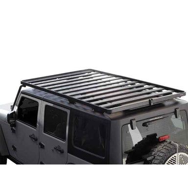 Front Runner Jeep Wrangler JK 4 Door (2007-2018) Extreme Slimline II Roof Rack Kit Angled view of roof rack on vehicle