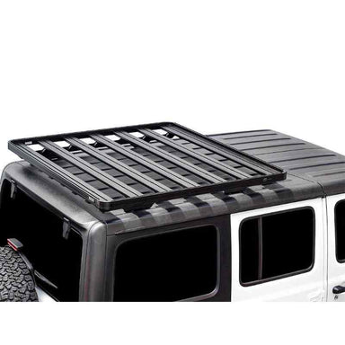 Front Runner Jeep Wrangler JL 4 Door (2018-Current) Extreme Slimline II 1/2 Roof Rack Kit Angled view of roof rack on vehicle