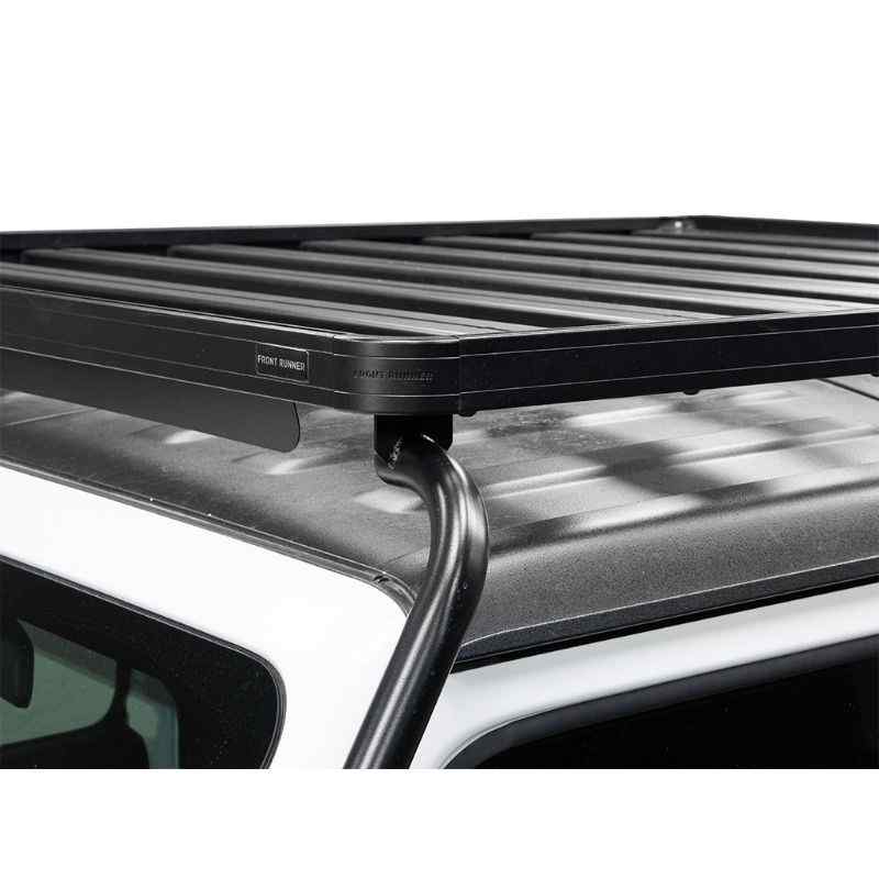 Front Runner Jeep Wrangler JL 4 Door (2018-Current) Extreme Slimline II Roof Rack Kit Angled view of roof rack on vehicle at eye level