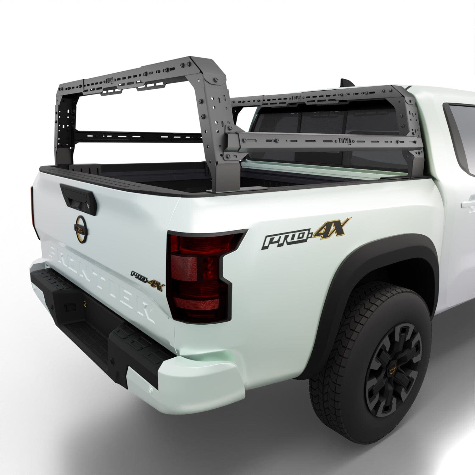 Nissan Frontier 4CX Series Shiprock Height Adjustable Bed Rack Truck Bed Cargo Rack System TUWA PRO®️ rear corner view installed on white background