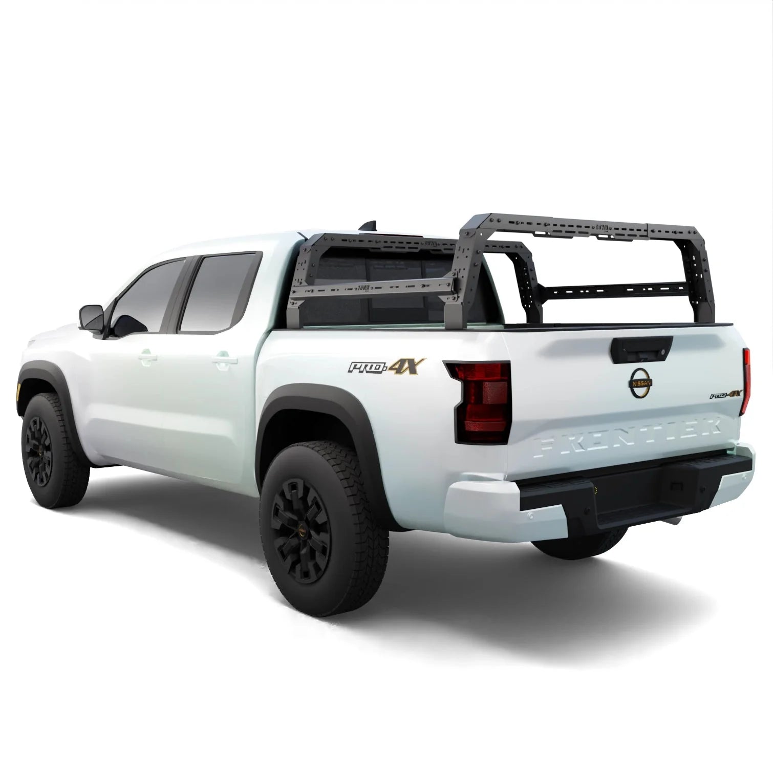 Nissan Frontier 4CX Series Shiprock Height Adjustable Bed Rack Truck Bed Cargo Rack System TUWA PRO®️ rear view installed on white background