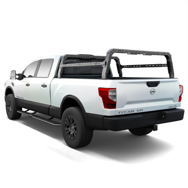 Nissan Titan 4CX Series Shiprock Height Adjustable Bed Rack Truck Bed Cargo Rack System TUWA PRO®️ rear view installed on white background